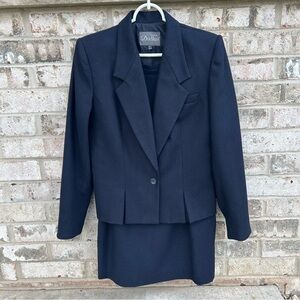 Vintage Navy Wool Blend Skirt Suit Set Suits by Dallas 10/11 Made in Hong Kong